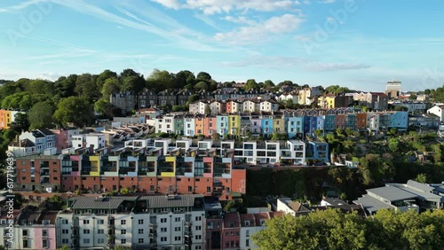 Aerial shot of Bristol Colourful Houses and Rainbow houses and trees in Bristol, UK photo