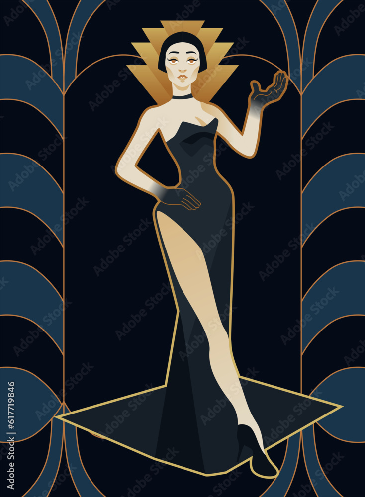 illustrations of art deco ladies style in black and gold colours Stock ...