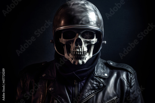 portrait of a skeleton with skull in black biker leather jacket with vintage biker helmet on black background in dim light