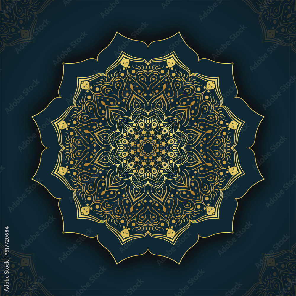 Gold and black ornamental mandala background.
Luxury mandala design template with floral ornament for page decoration cards, book, card, poster, invitation, textile packaging etc.