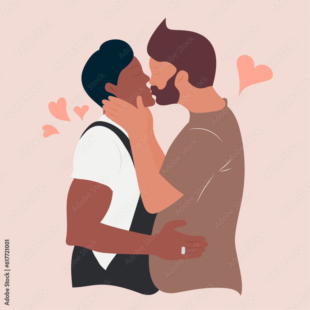 Male gay couple in love. Interracial homosexual couple. Love concept. Lgbtq people in romantic relationships.Two happy men hugging, smiling. Pride month. Men embrace each other. Vector illustration.
