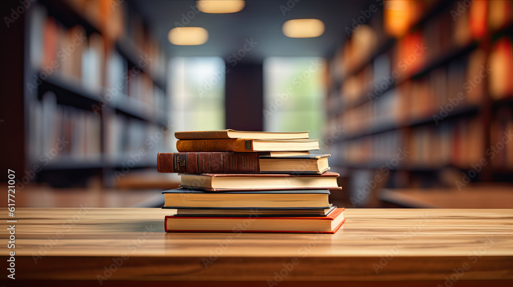Book stack on wood desk and blurred bookshelf in the library room, ai generative Book stack on wood desk and blurred bookshelf in the library room, ai generative