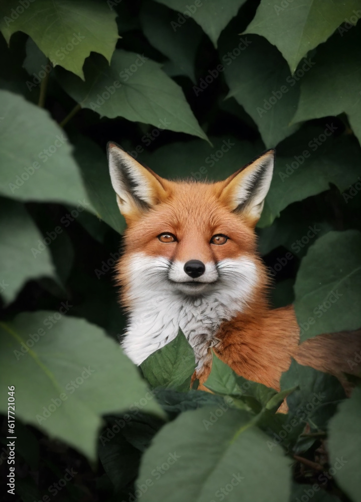 A young red fox peeks out from the forest foliage. Generative AI A young red fox peeks out from the forest foliage. Generative AI