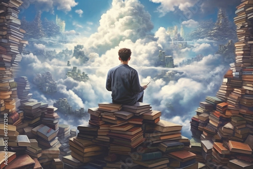 young guy among books and clouds, the world of dreams, reading literature, created by a neural network, Generative AI technology