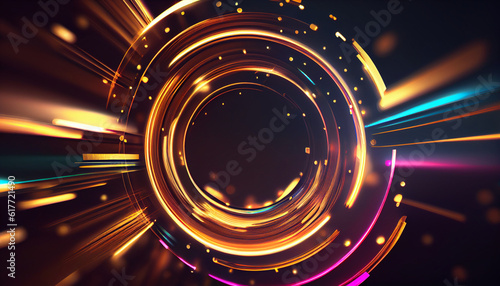 Abstract futuristic background with gold PINK blue glowing neon fluid round techno sound shap Data transfer concept Fantastic wallpaper Abstract background Ai generated image