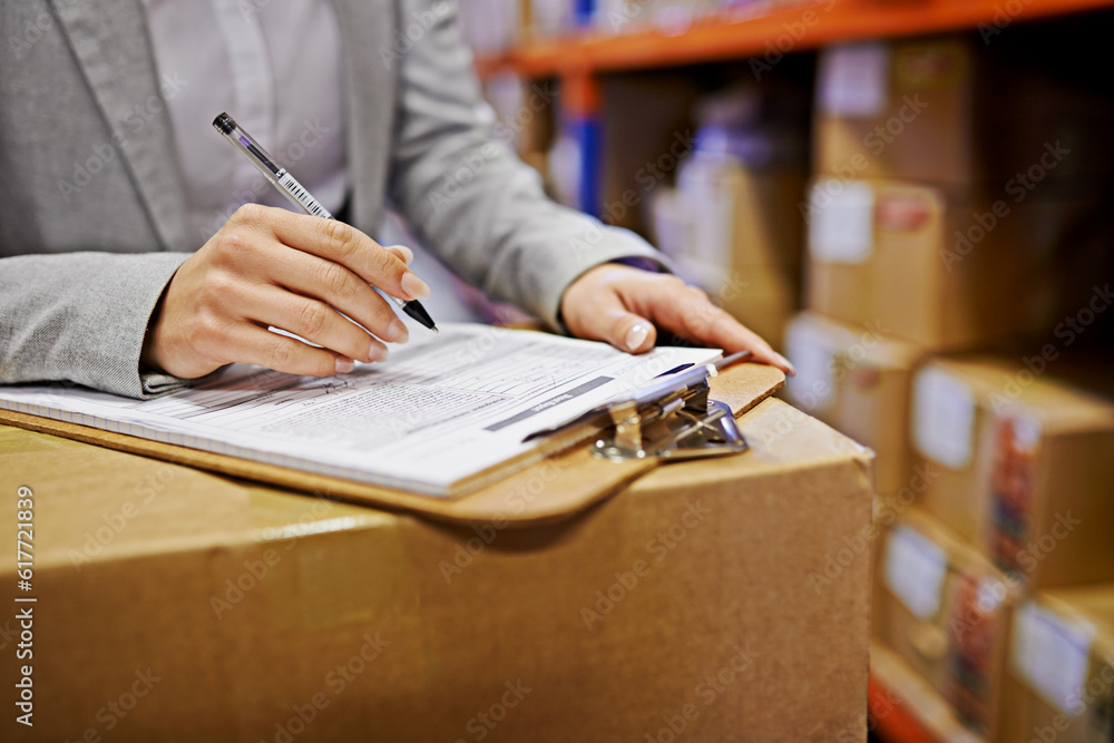 Hands, sign and clipboard with paperwork in warehouse, logistics and
