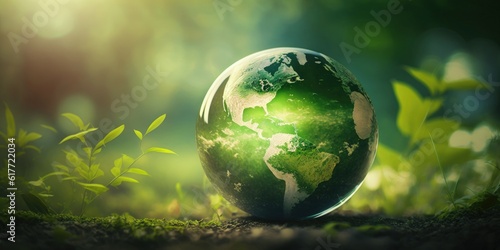 globe of planet earth with green continents in nature as environmental conservation and sustainability concept. Generative AI.