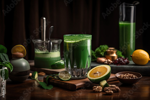 Green smoothie in a glass and ingredients on a wooden table. Generative AI