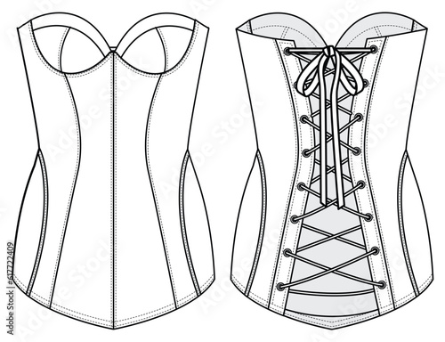 Back Lace Up Corset with Cup Bra, Victorian Corset Front and Back View. Fashion Flat Sketch Vector Illustration, CAD, Technical Drawing, Flat Drawing, Template, Mockup.