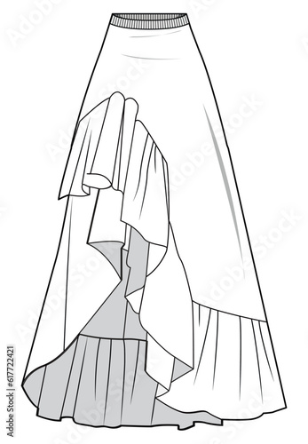 Maxi Flared Skirt with Side Open With Ruffles Fashion Flat Sketch Vector Illustration, CAD, Technical Drawing, Flat Drawing, Template, Mockup.