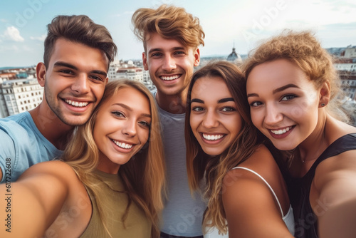 happy friends outside making a selfie ai generated