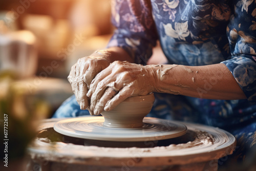 Hands of a Potter at Work Woman Making Pottery on the Wheel Hobby Artist Dirty Hands Generative AI