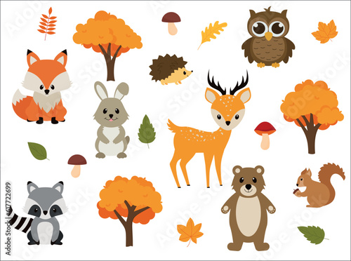 Vector illustration of cute woodland forest animals including a bear, deer, fox, raccoon, hedgehog, squirrel, and rabbit.