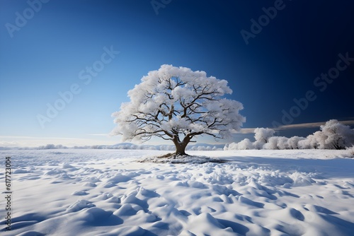 雪原に立つ１本の大きな木　with generative ai photo