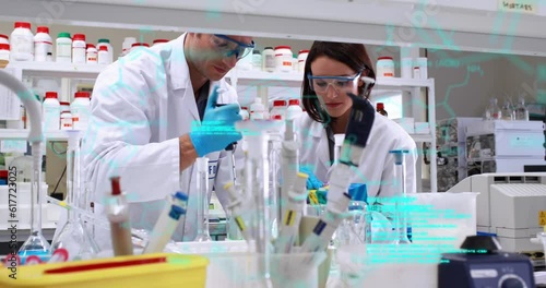 Animation of computer language, molecule structures, diverse scientists experimenting in laboratory