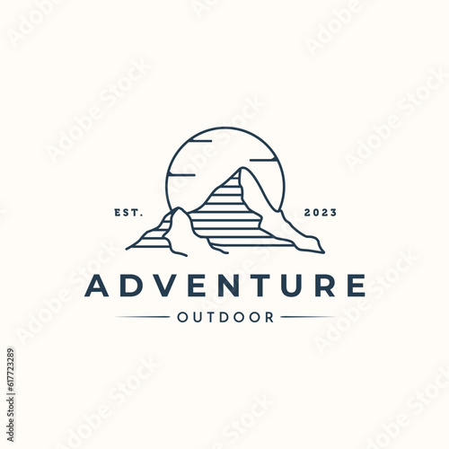 mountain adventure line art logo vector minimalist illustration design, landscape mountain logo design