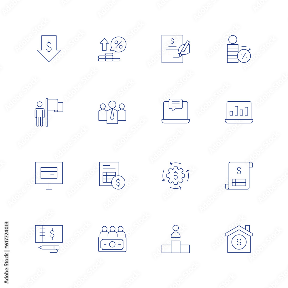 Business line icon set on transparent background with editable stroke. Containing low price, interest rate, loan, leader, laptop, invoice, finance, checkbook, funds, competition, family.
