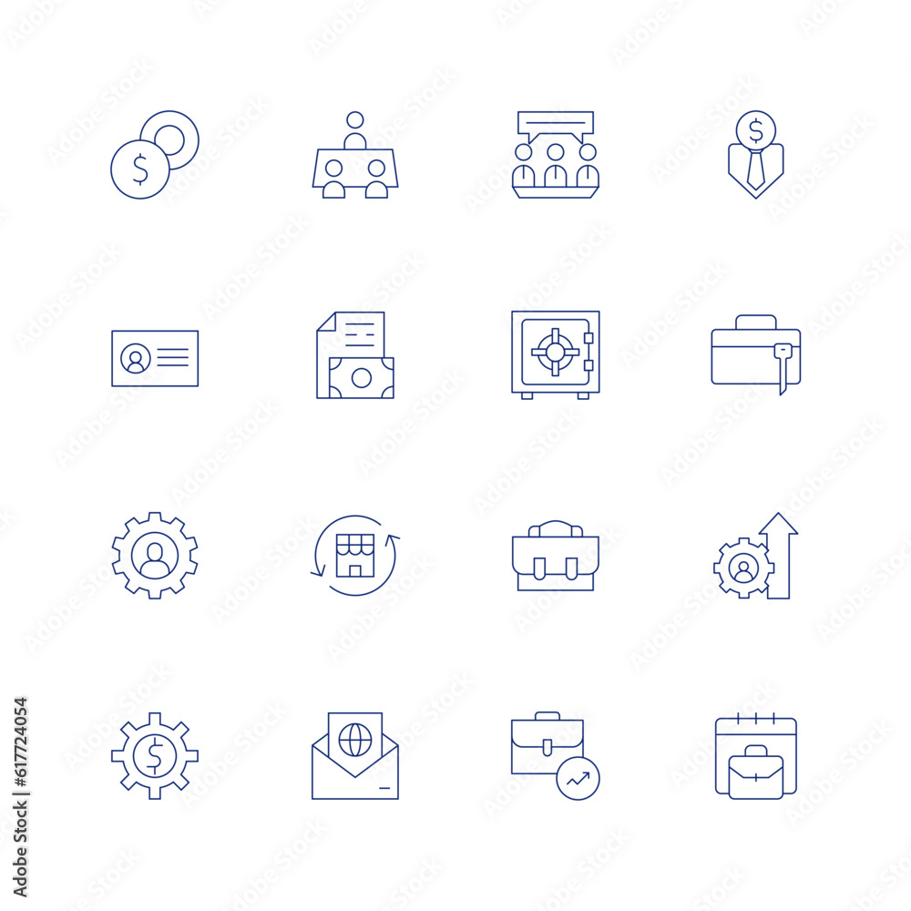Business line icon set on transparent background with editable stroke. Containing business, business meeting, business man, business card, business and finance, briefcase.