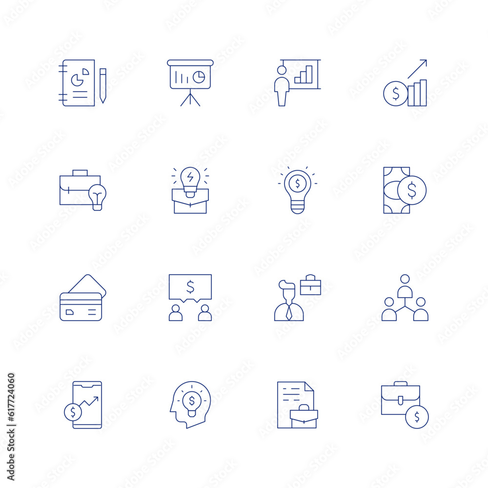 Business line icon set on transparent background with editable stroke. Containing business report, business presentation, business, business idea, cash, business and finance.