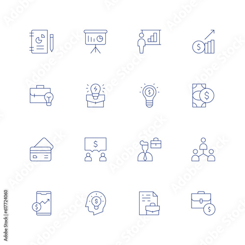 Business line icon set on transparent background with editable stroke. Containing business report, business presentation, business, business idea, cash, business and finance.