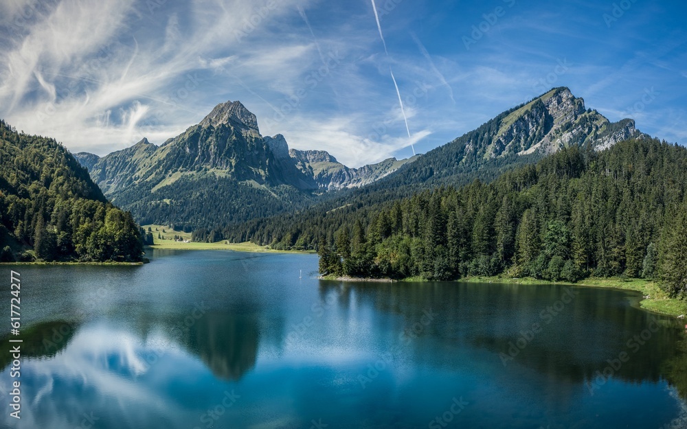 Alpine lake Obersee in the Glarus Alps mountain in the Glarnerland region, Nafels Switzerland