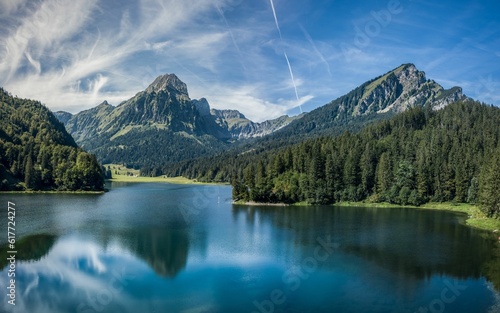 Alpine lake Obersee in the Glarus Alps mountain in the Glarnerland region, Nafels Switzerland