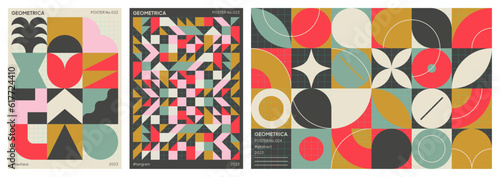 Abstract backgrounds. Geometric patterns. Modern and colorful poster set. Shapes and symbols influenced by Bauhaus and Swiss design.