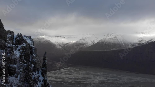 Drone view over rough snowy landscapes in Iceland