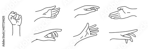 Set silhouettes hands various gestures in modern doodle style. Collection minimal monochrome design elements on white background. Abstract vector illustration.