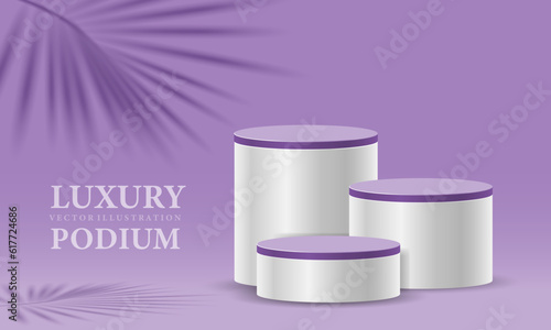 Realistic white purple cylinder  3D room pedestal podium set palm leaf shadow overlay minimal scene product display presentation stage for showcase vector