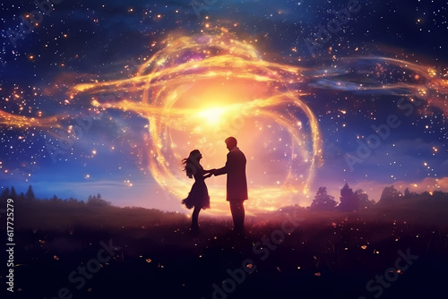 A man and a woman holding in a love embrace a sphere of light in the night sky like two meteors  leaving fire trails in the sky  coming from a foreign galaxy