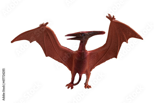 Small toy dinosaur, Pteranodon, isolated on blank background.