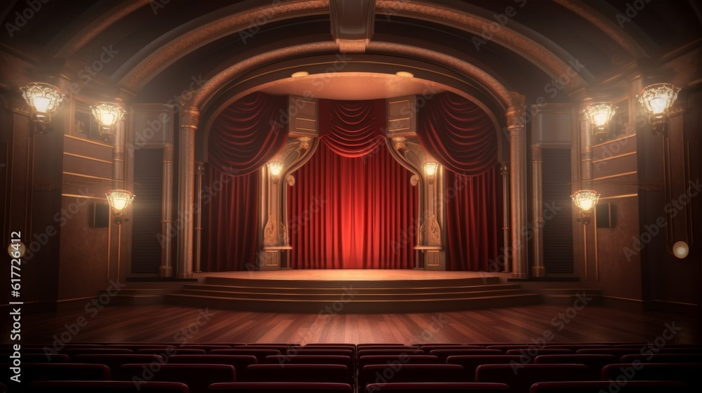 Theater stage with red curtains and spotlights in art deco. Generative AI 4
