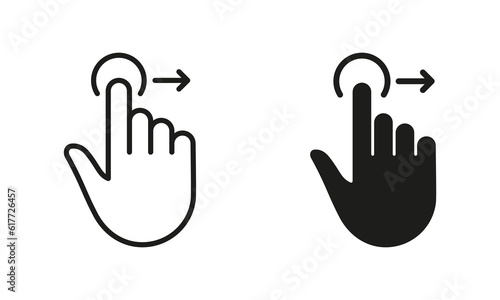 Drag Right, Hand Finger Gesture Swipe Line and Silhouette Icon Set. Pinch Screen, Rotate on Screen Pictogram. Gesture Slide Right Symbol Collection on White Background. Isolated Vector Illustration