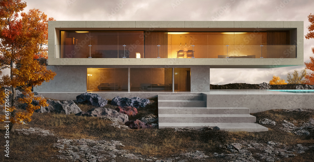 3D render of modern house with concrete construction