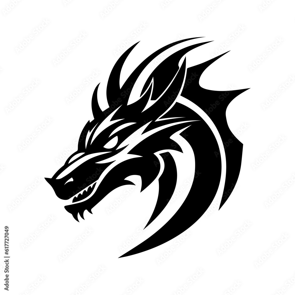 Black dragon illustration. Isolated vector image, dragon head silhouette. Sketch for tattoo. Symbol of New Year 2024. Chinese dragon, fairy and fantastic serpent, fantazy monster, for cricut