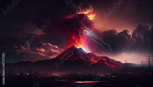 Natural disaster concept. scary volcanic eruption