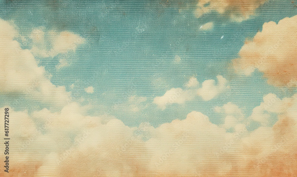 Retro sky pattern. Vintage Blue and yellow clouds on old paper texture background