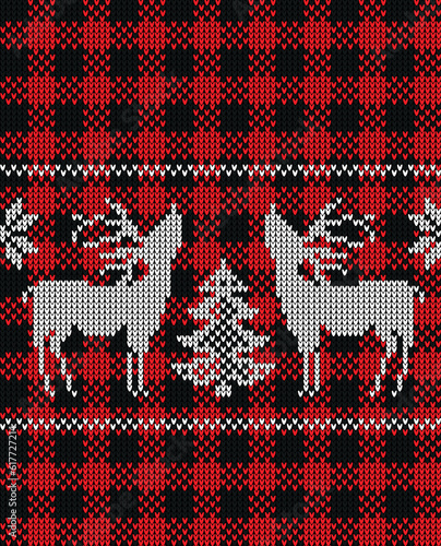 Ugly sweater at Buffalo Plaid Merry Christmas and Happy New Year greeting card frame border . illustration knitted background seamless pattern with folk style scandinavian ornaments.