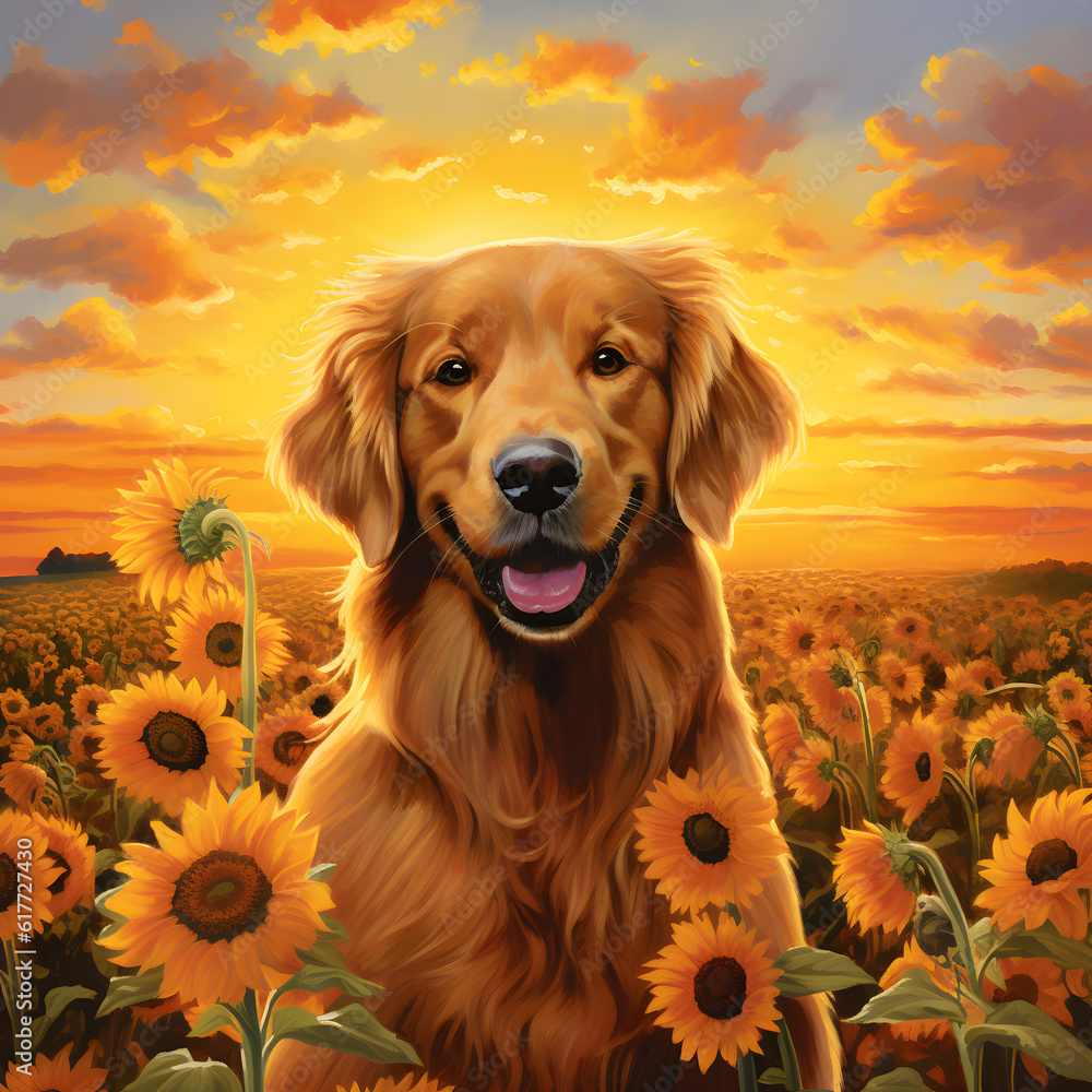 Beautiful golden retriever dog among blooming sunflowers at sunset, pet in nature, landscape painting or photography, generative AI