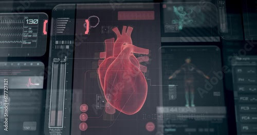 Animation of the human beating heart structure displayed on a futuristic interface