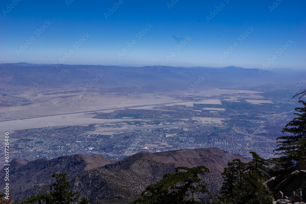 Scenic aerial vistas of Coachella Valley seen from the top of Palm Springs tramway station in Mt. San Jacinto State Park, California, USA. View on mountain landscape and canyons. Trees in foreground