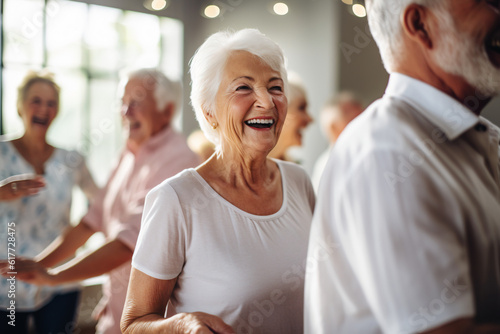 Candid capture of a joyful group of seniors showing vitality while dancing, highlights companionship and active lifestyle in retirement, reflecting the spirit of elderly, generative ai