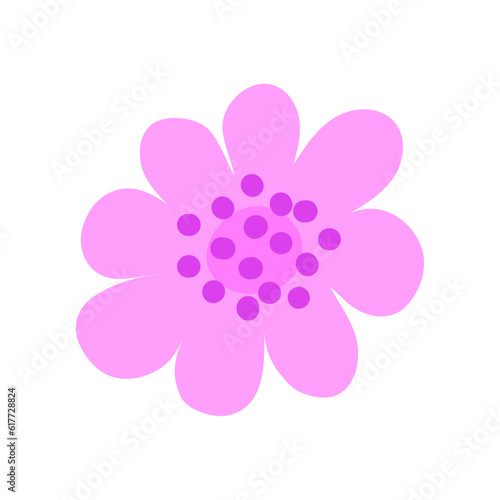 Abstract pink flower icon with lilac stamens isolated on transparent and white background. Doodle closeup hand drawn element for design typography. Summer vector illustration in cartoon and flat style