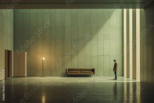 a lonely figure in a modern interior, minimalism style