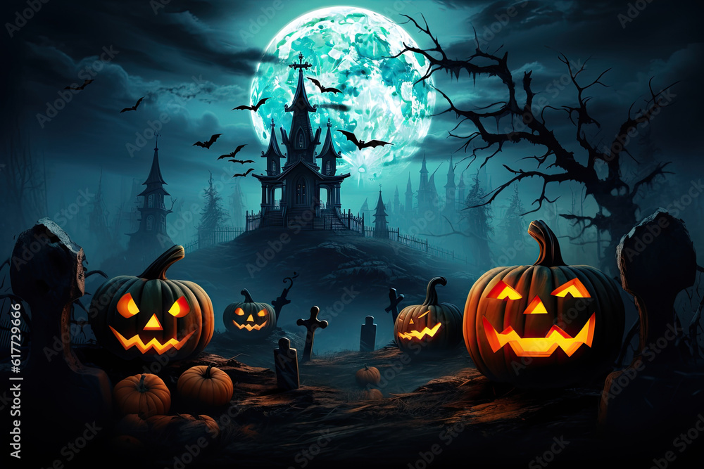 halloween background with scary pumpkins, candles in the graveyard at night with a castle background