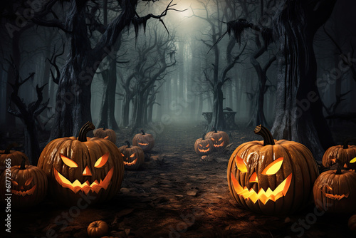 halloween background with scary pumpkins  candles and bats in a dark forest at night