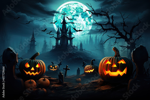 halloween background with scary pumpkins, candles in the graveyard at night with a castle background