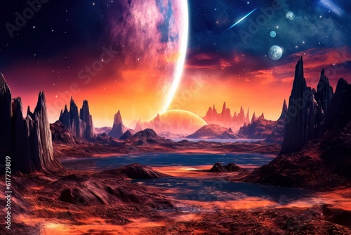 Fantastic landscape of an alien planet with rocks and lightning flying. Alien planet surface illustration for computer game. Generated AI