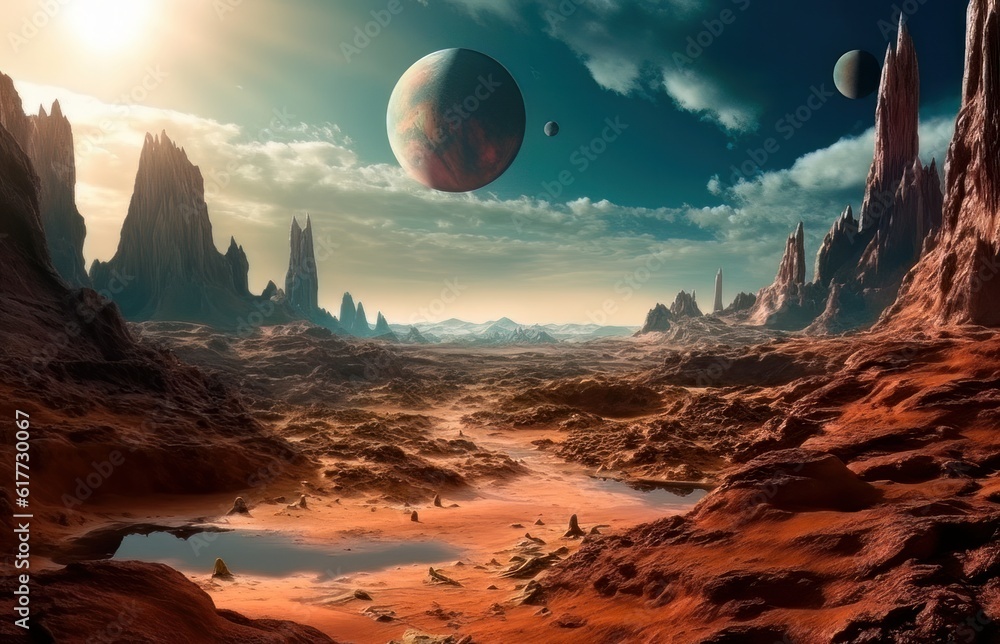 Fantasy landscape of alien planet with rocks. Alien planet surface illustration for computer game. Generated AI
